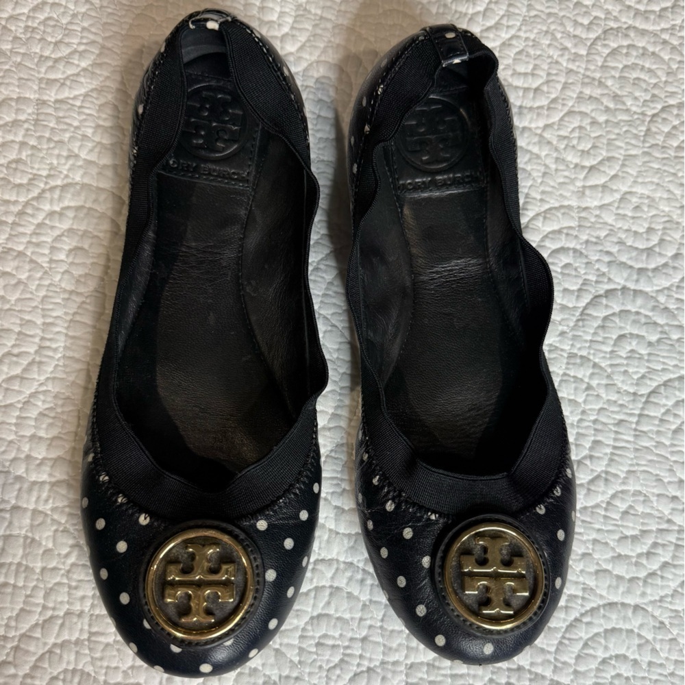 Tory Burch Black Flats with Gold Logo and White Dots